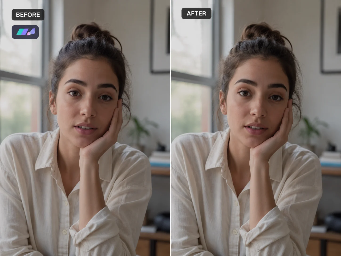 Before and after removing a corner logo from a talking-head video