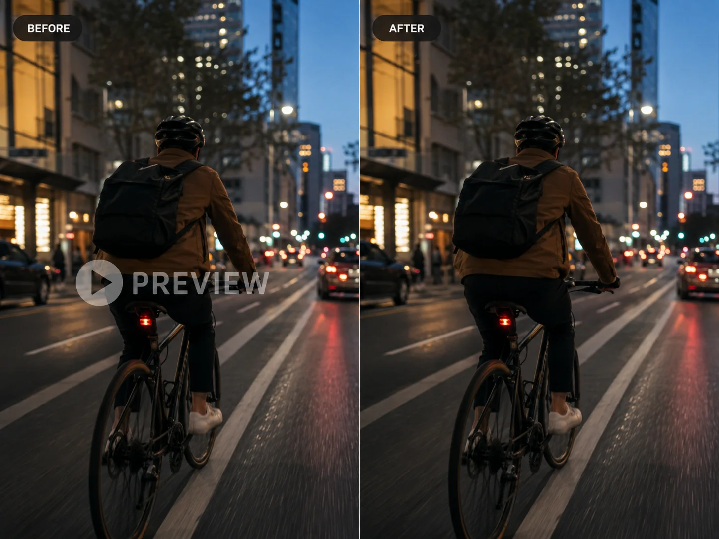 Before and after removing a moving watermark from b-roll footage