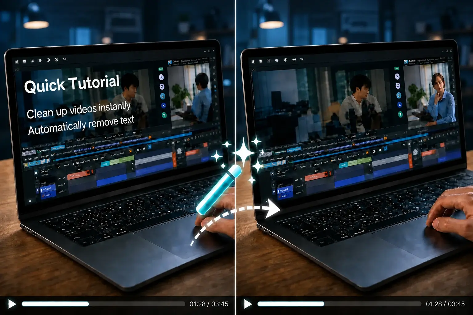 Before and after removing hardcoded text from video without blur