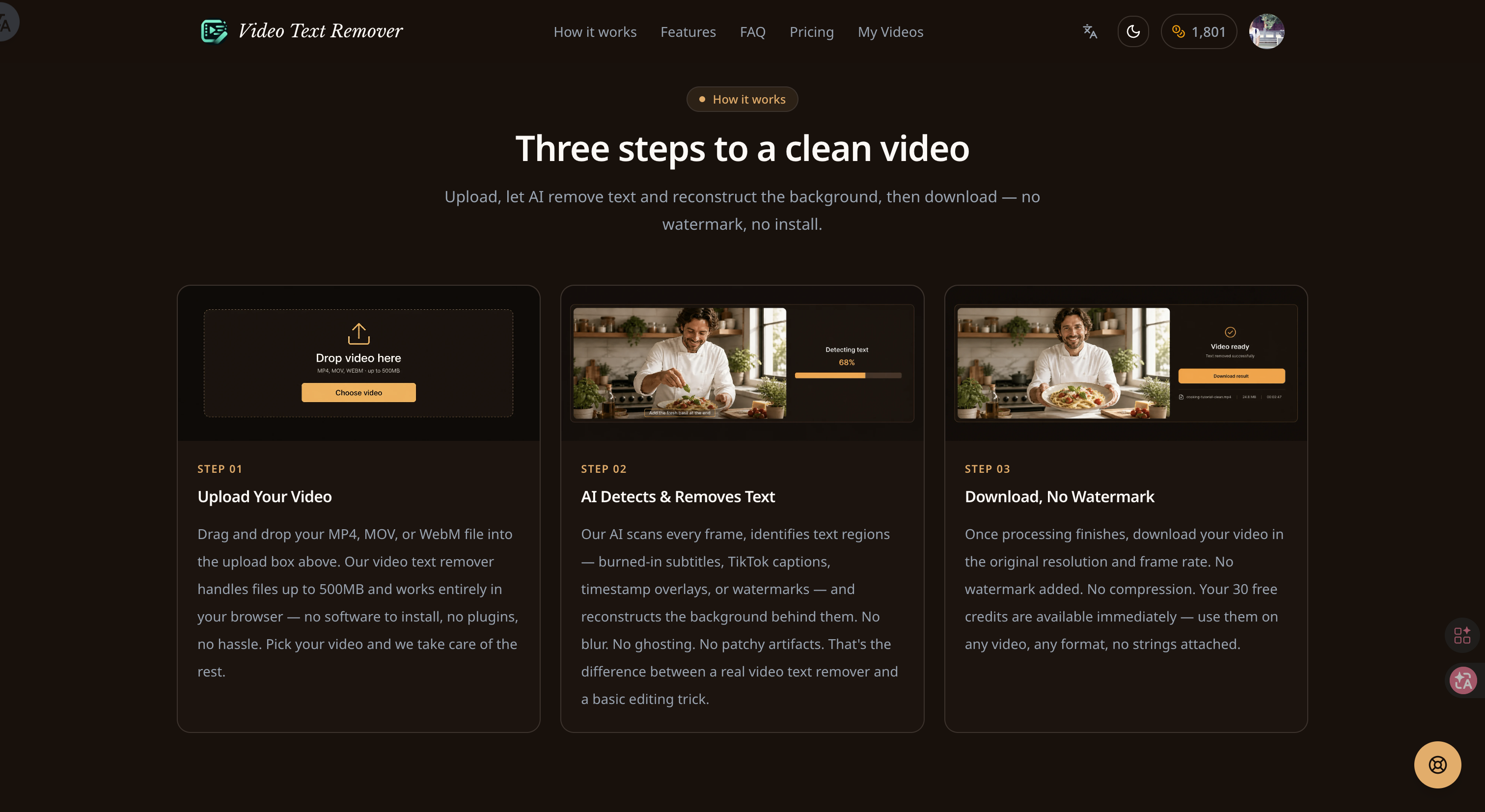 Remove text from video steps — upload, AI processing, and download without watermark